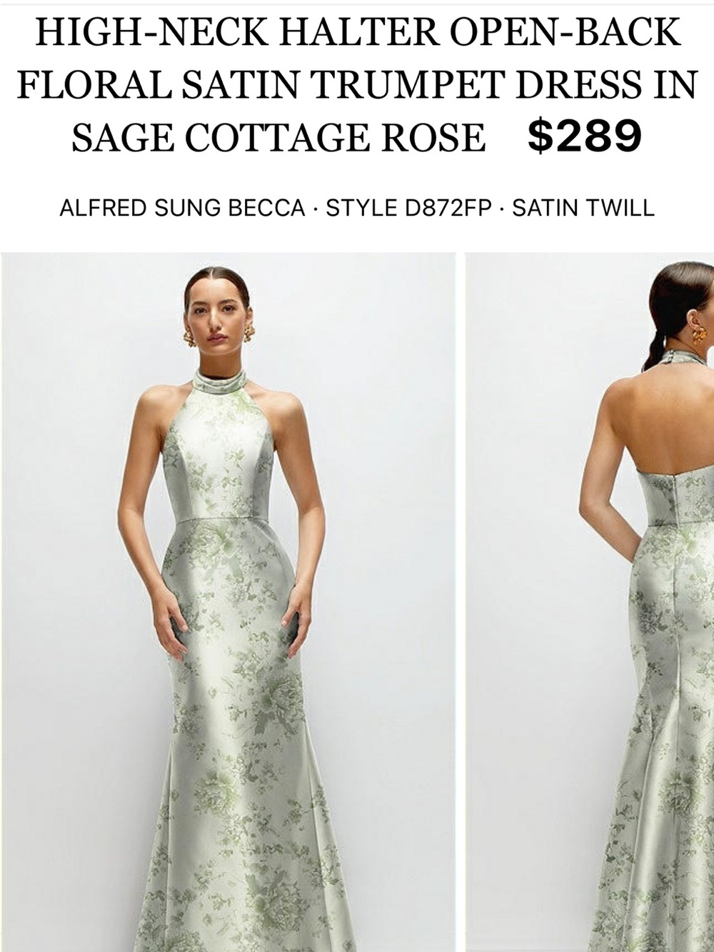 ALFRED SUNG Sage Floral High-Neck Halter Open-Back Trumpet Gown